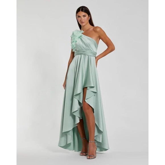 MAC DUGGAL RUFFLE ONE SHOULDER CUT OUT HI LOW DRESS SAGE‎ GREEN SZ 4 NEW $398